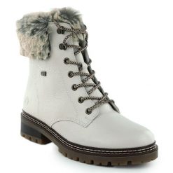 Skórzane botki damskie traperki z futerkiem bezowe Remonte Rieker D0B74-80. Brązowe botki damskie Remonte, ze skóry, bez obcasa. Za 343.85 zł.