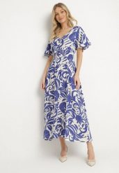 Niebieska Rozkloszowana Sukienka z Wiskozy w Roślinny Wzór Ridiata. Niebieskie sukienki damskie Born2be, na co dzień, l, bez wzorów, z wiskozy, eleganckie, bez kołnierzyka, bez ramiączek, maxi, proste. W wyprzedaży za 63.99 zł.
