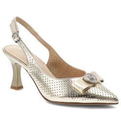 Czółenka damskie S.Barski, cholewka ze skóry naturalnej z odkrytą piętą na smukłym obcasie z ażurową cholewką i elegancką kokardą, złote, CR61-3119. Żółte czółenka damskie S.BARSKI, w ażurowe wzory, ze skóry, bez obcasa. Za 350.90 zł.