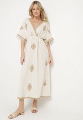 Beżowa Wiskozowa Sukienka z Lnem o Kopertowym Kroju z Wiązaniem i Haftem Desarose. Brązowe sukienki damskie Born2be, na co dzień, m, bez wzorów, z bawełny, eleganckie, bez kołnierzyka, bez ramiączek, midi, kopertowe. W wyprzedaży za 175.99 zł.