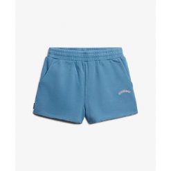 Szorty z logo w kolorze denimowym dla kobiet Superdry. Niebieskie szorty damskie Superdry., bez wzorów, z materiału, z podwyższonym stanem. Za 156.95 zł.