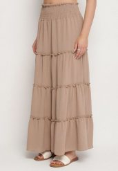 Beżowa Spódnica o Rozkloszowanym Kroju z Falbankami i Gumką w Talii Dovinala. Brązowe spódniczki damskie Born2be, l, bez wzorów, eleganckie, maxi, koszulowe. Za 59.99 zł.