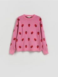 Wzorzysty sweter z bawełną - różowy. Czerwone swetry klasyczne damskie Reserved, l, z bawełny, bez kołnierzyka. Za 159.99 zł.