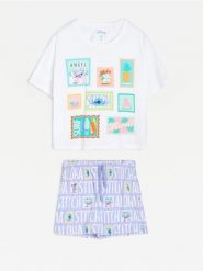 Bawełniana piżama dwuczęściowa z nadrukiem Stitch - biały. Białe piżamy damskie Sinsay, l, bez wzorów, z bawełny, bez ramiączek. Za 49.99 zł.