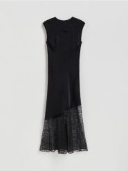 Sukienka midi z koronką - czarny. Czarne sukienki damskie Reserved, na co dzień, l, bez wzorów, z koronki, bez kołnierzyka, bez ramiączek, midi, proste. Za 179.99 zł.