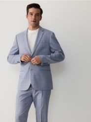 Marynarka slim fit w kratę - niebieski. Niebieskie marynarki męskie Reserved, bez wzorów, z tkaniny. W wyprzedaży za 279.99 zł.