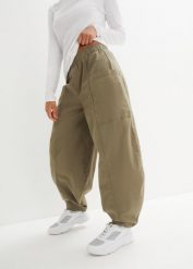 Spodnie twillowe z elastycznego materiału z bawełną. Zielone spodnie materiałowe damskie bonprix, bez wzorów, z bawełny. Za 144.99 zł.
