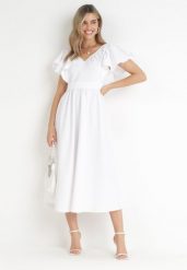 Biała Sukienka Midi z Falbanami przy Ramionach Happisa. Białe sukienki damskie Born2be, na imprezę, l, bez wzorów, eleganckie, bez kołnierzyka, bez ramiączek, maxi. W wyprzedaży za 79.99 zł.