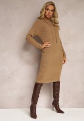 Ciemnobeżowa Wełniana Sukienka w Prążki z Kapturem Opiuda. Brązowe sukienki damskie Renee, na co dzień, bez wzorów, z wełny, eleganckie, bez kołnierzyka, bez ramiączek, midi, sportowe. W wyprzedaży za 95.99 zł.