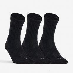 Skarpety sportowe tenis RS500 wysokie 3 pary. Czarne skarpetki damskie Decathlon, bez wzorów, z bawełny. Za 39.99 zł.