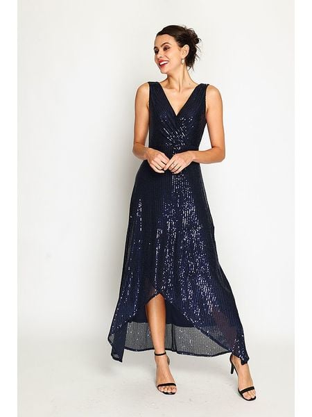 ASSUILI Sukienka w kolorze granatowym rozmiar: 40. Niebieskie sukienki damskie Assuili, bez wzorów, klasyczne, z asymetrycznym kołnierzem, bez ramiączek, maxi, asymetryczne. Za 195.99 zł.