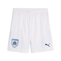 Męskie szorty Olympique Marsylia 24/25 PUMA White Bleu Azur Blue. Białe szorty męskie Puma, w ażurowe wzory, sportowe. W wyprzedaży za 153.00 zł.