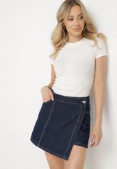 Granatowe Jeansowe Spódnico-Szorty o Asymetrycznym Kroju z Ozdobnymi Przeszyciami Lisarennea. Niebieskie szorty damskie Born2be, bez wzorów, z jeansu, eleganckie. Za 129.99 zł.