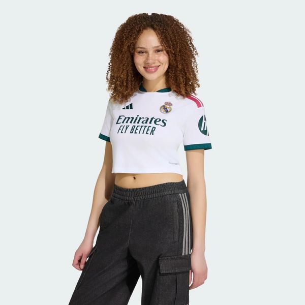 Skrócona koszulka podstawowa Real Madryt 26/27. Białe t-shirty damskie Adidas, l, bez wzorów, z dzianiny, bez kołnierzyka. Za 369.00 zł.