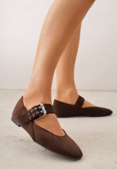 Ciemnobrązowe Balerinki Vices ze Skórzaną Wkładką i Szerokim Paskiem ze Sprzączką Rilucea. Brązowe baleriny damskie Born2be, bez wzorów, z jeansu, bez obcasa, na płaskiej podeszwie. Za 79.99 zł.