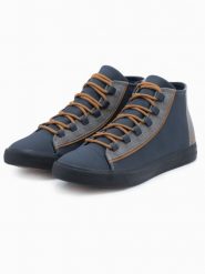 Męskie buty trampki z kontrastującymi elementami - granatowe V2. Niebieskie trampki i tenisówki męskie Ombre Clothing, bez wzorów, z gumy, przed kolano, bez zapięcia. W wyprzedaży za 89.99 zł.