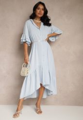 Jasnoniebieska Koszulowa Sukienka Ozdobiona Falbanką Ransara. Niebieskie sukienki damskie Renee, na co dzień, bez wzorów, eleganckie, bez kołnierzyka, bez ramiączek, midi, koszulowe. W wyprzedaży za 76.99 zł.