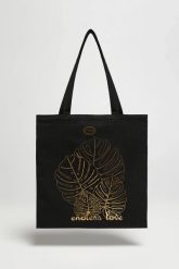 Torba shopper z nadrukiem czarna. Czarne shopper bag damskie MOODO, bez wzorów, z bawełny, z nadrukiem, bez dodatków. Za 25.99 zł.
