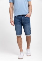 Granatowe szorty jeansowe E-MEXT. Niebieskie szorty męskie Volcano, z jeansu, bez kołnierzyka. Za 159.99 zł.