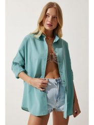 Happiness Istanbul Bluzka "Happiness Istanbul" w kolorze turkusowym rozmiar: 38. Niebieskie bluzki damskie Happiness Istanbul, bez wzorów, z bawełny, bez kołnierzyka, bez ramiączek. Za 60.99 zł.