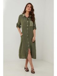 Rodier Lin Lniana sukienka w kolorze khaki rozmiar: S/M. Brązowe sukienki damskie Rodier Lin, m, bez wzorów, ze lnu, bez kołnierzyka, bez ramiączek, midi. Za 184.02 zł.