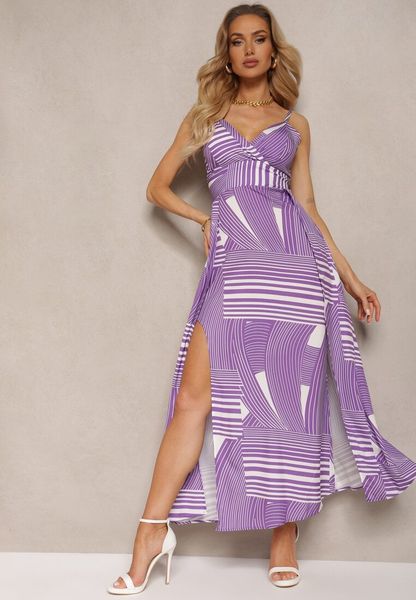 Fioletowa Sukienka z Regulowanymi Ramiączkami z Gumkami z Tyłu i Rozcięciami Fatoria. Fioletowe sukienki damskie Renee, na co dzień, l, bez wzorów, bez kołnierzyka, bez ramiączek, maxi, kopertowe. Za 69.99 zł.