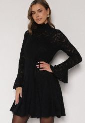 Czarna Koronkowa Sukienka z Wiązaniem Półgolfem i Falbankami Alnefera. Czarne sukienki damskie Born2be, m, bez wzorów, z koronki, klasyczne, bez kołnierzyka, bez ramiączek, mini. Za 179.99 zł.