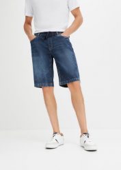 Bermudy z gumką w talii ze stretchem, slim fit. Niebieskie szorty męskie bonprix, bez wzorów, z denimu. Za 114.99 zł.