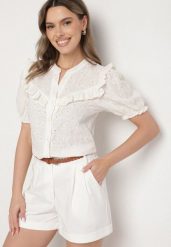 Biała Koszula z Wiskozą z Haftowanej Tkaniny Ozdobiona Falbanką Rindelia. Białe koszule damskie Born2be, l, bez wzorów, z jeansu, eleganckie, bez kołnierzyka, bez ramiączek. Za 119.99 zł.