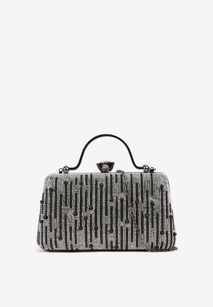 Czarna Torebka Kopertówka Ozdobiona Perełkami i Cyrkoniami Fessurea. Czarne torebki wieczorowe Renee, bez wzorów, eleganckie, bez kołnierzyka, bez ramiączek. Za 119.99 zł.