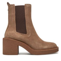 Sztyblety Pepe Jeans. Brązowe botki damskie Pepe Jeans, z jeansu, bez obcasa, na słupku, bez zapięcia. Za 539.99 zł.