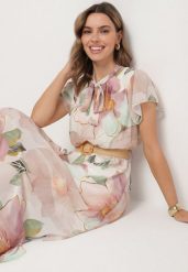 Beżowa Sukienka o Rozkloszowanym Kroju z Wiązaniem przy Dekolcie i Paskiem Sorilina. Brązowe sukienki damskie Born2be, na co dzień, l, bez wzorów, eleganckie, bez kołnierzyka, bez ramiączek, maxi, rozkloszowane. W wyprzedaży za 127.99 zł.