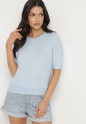 Niebieski Sweter z Wełną i Krótkim Rękawem Turosa. Niebieskie swetry klasyczne damskie Born2be, z jeansu, bez kołnierzyka. Za 89.99 zł.