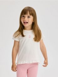 Bawełniany t-shirt z falbanką - złamana biel. Koszulki dziewczęce Reserved, m, bez wzorów, z bawełny, bez ramiączek. W wyprzedaży za 15.99 zł.