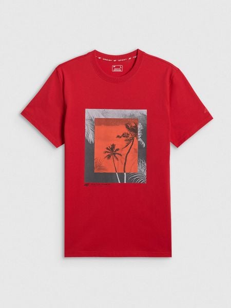 T-shirt regular z nadrukiem męski 4F 4FWSS26TTSHM3034. Czerwone t-shirty męskie 4f, m, bez wzorów, z bawełny, bez kołnierzyka. Za 69.99 zł.