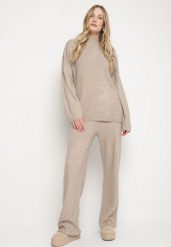 Beżowy Dzianinowy Komplet z Wełną Spodnie i Sweter Tesira. Brązowe swetry klasyczne damskie Born2be, l, z dzianiny, bez kołnierzyka. Za 139.99 zł.