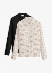 Bluzka koszulowa z bawełny (2 szt.). Białe bluzki damskie bonprix, bez wzorów, z bawełny, eleganckie, bez kołnierzyka, bez ramiączek. Za 124.99 zł.