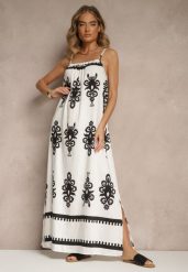 Biała Rozkloszowana Sukienka na Ramiączkach w Ornamentalny Print Reveleine. Białe sukienki damskie Renee, na co dzień, l, z aplikacjami, bez kołnierzyka, bez ramiączek, maxi, dopasowane. W wyprzedaży za 63.99 zł.