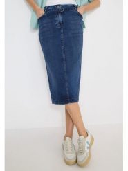 Cecil Spódnica dżinsowa w kolore granatowym rozmiar: W27. Niebieskie spódniczki damskie Cecil, z aplikacjami, ze skóry, klasyczne, z podwyższonym stanem, midi, proste. Za 136.78 zł.