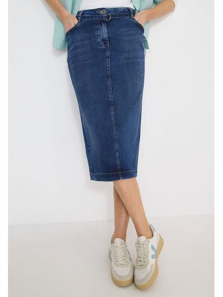 Cecil Spódnica dżinsowa w kolore granatowym rozmiar: W27. Niebieskie spódniczki damskie Cecil, z aplikacjami, ze skóry, klasyczne, z podwyższonym stanem, midi, proste. Za 135.81 zł.