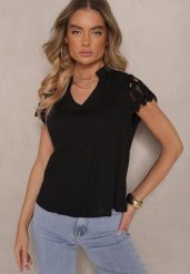 Czarna Bluzka z Tłoczonej Tkaniny z Bawełny Zdobiona Koronką Adivlolla. Czarne bluzki damskie Renee, m, z aplikacjami, z bawełny, eleganckie, bez kołnierzyka, bez ramiączek. Za 44.99 zł.