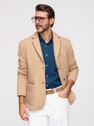 Strukturalna męska marynarka z podpinką z wysokim kołnierzem i kapturem – jasnobrązowa V1. Brązowe marynarki męskie Ombre Clothing, bez wzorów, z dzianiny. Za 419.99 zł.