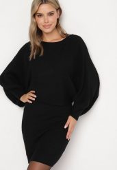 Czarny Dzianinowy Komplet z Wiskozą Sweter Typu Nietoperz i Dopasowana Sukienka Galeti. Czarne sukienki damskie Born2be, s, z dzianiny, bez kołnierzyka. Za 129.99 zł.
