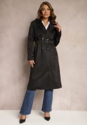 Czarny Długi Płaszcz Trencz Dwurzędowy z Paskiem w Komplecie Sabila. Czarne płaszcze damskie Renee, l, bez wzorów, z jeansu, eleganckie. Za 209.99 zł.