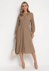 Beżowa Rozkloszowana Sukienka z Koszulową Górą Rade. Brązowe sukienki damskie Born2be, m, z aplikacjami, z tkaniny, eleganckie, bez kołnierzyka, bez ramiączek, midi, koszulowe. Za 59.99 zł.