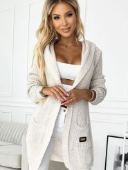 Sweter Kardigan Model 488-1 Beige - Numoco. Brązowe kardigany damskie Numoco, plus size, z aplikacjami. Za 222.78 zł.