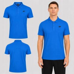 KOSZULKA POLO MĘSKA 4F SPORTOWY T-SHIRT M0770 SS26. Niebieskie koszulki polo męskie 4f, m, z bawełny, bez ramiączek, na fitness i siłownię. Za 89.99 zł.