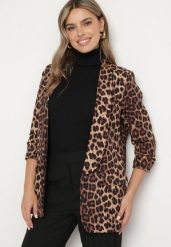 Brązowa Marynarka z Rękawami 3/4 w Panterkę z Ozdobnymi Klapami Dittia. Brązowe marynarki i żakiety damskie Born2be, l, bez wzorów, eleganckie. Za 149.99 zł.