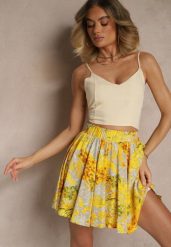 Żółte Spódnico-Szorty High Waist w Kwiaty Sunevra. Żółte szorty damskie Renee, bez wzorów, eleganckie, z podwyższonym stanem. Za 39.99 zł.