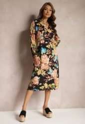 Czarno-Różowa Kopertowa Sukienka z Kwiecistym Printem Aleratoa. Czarne sukienki damskie Renee, na co dzień, l, bez wzorów, eleganckie, bez kołnierzyka, bez ramiączek, midi, kopertowe. W wyprzedaży za 111.99 zł.